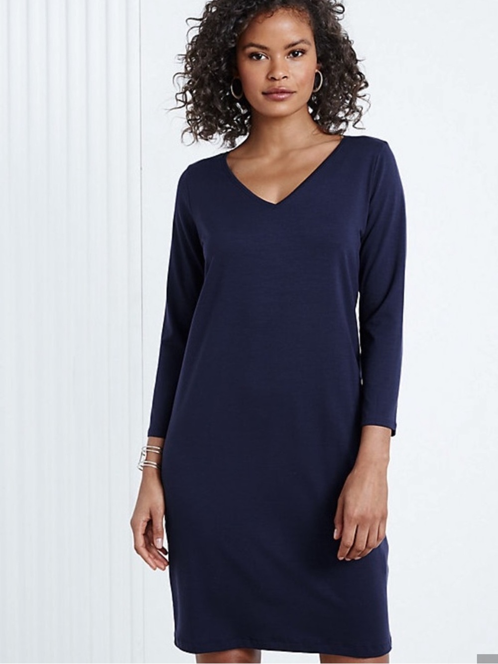 Eileen Fisher Navy V-Neck Long Sleeve Knit Dress Size S/P